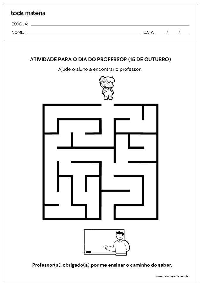 atividade de labirinto para aluno descobrir caminho até o professor com frase de homenagem para o Dia do Professor