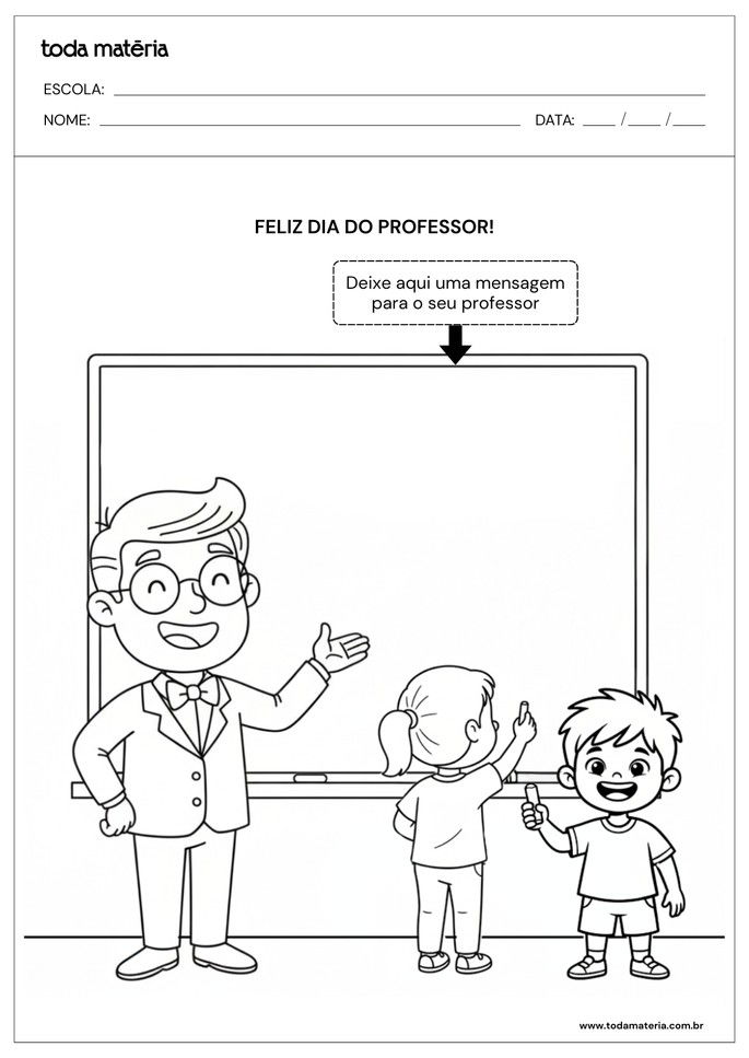 desenho para pintar com espaço para mensagem para o Dia do Professor