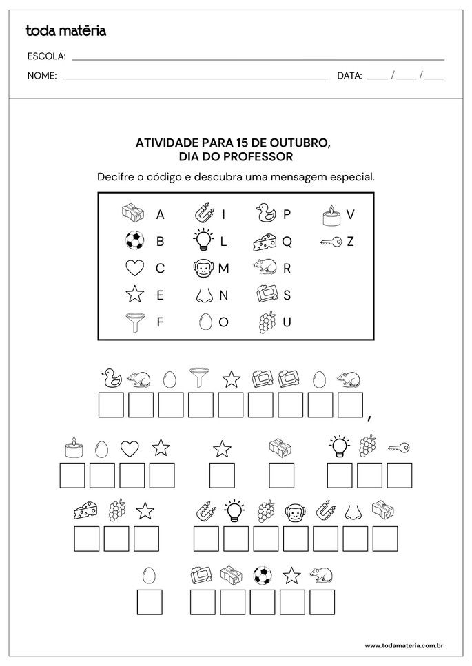 atividade para decifrar código e descobrir mensagem para o Dia do Professor