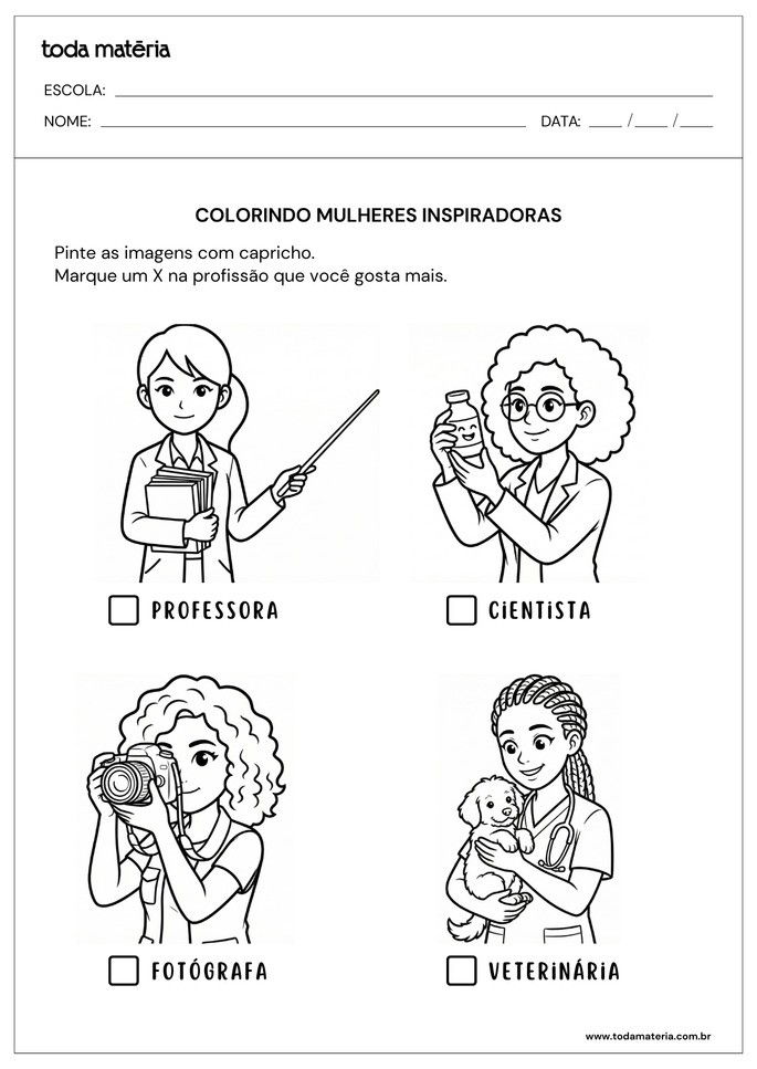 Atividades para pintar e escolher profissional sobre o Dia Internacional das Mulheres