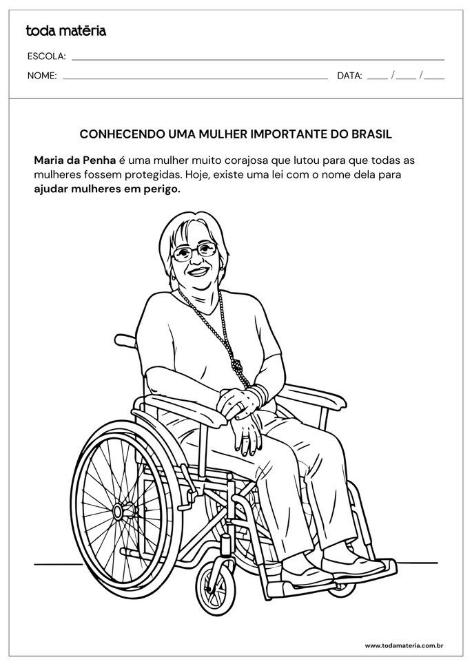 Atividades sobre o Dia Internacional das Mulheres para pintar Maria da Penha