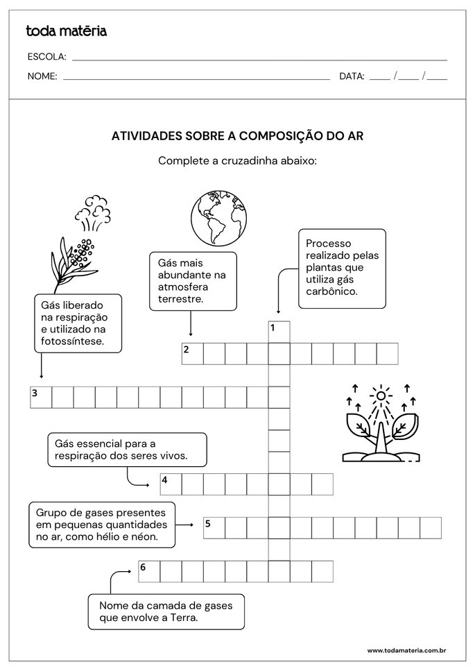 Folha de atividade sobre composi&ccedil;&atilde;o do ar para alunos do 6&ordm; ano