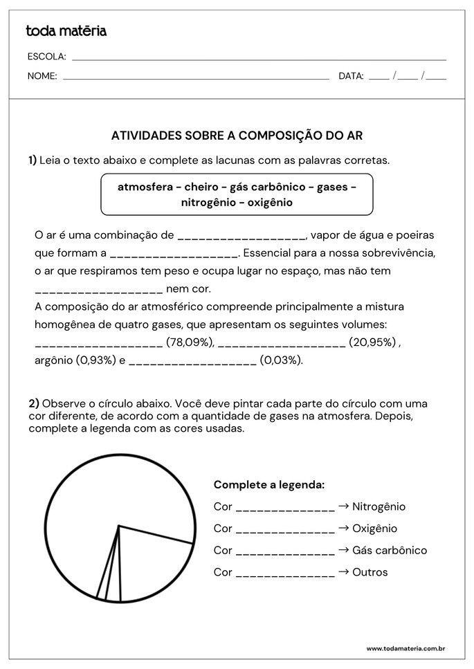 Folha de atividade sobre composi&ccedil;&atilde;o do ar para alunos do 6&ordm; ano