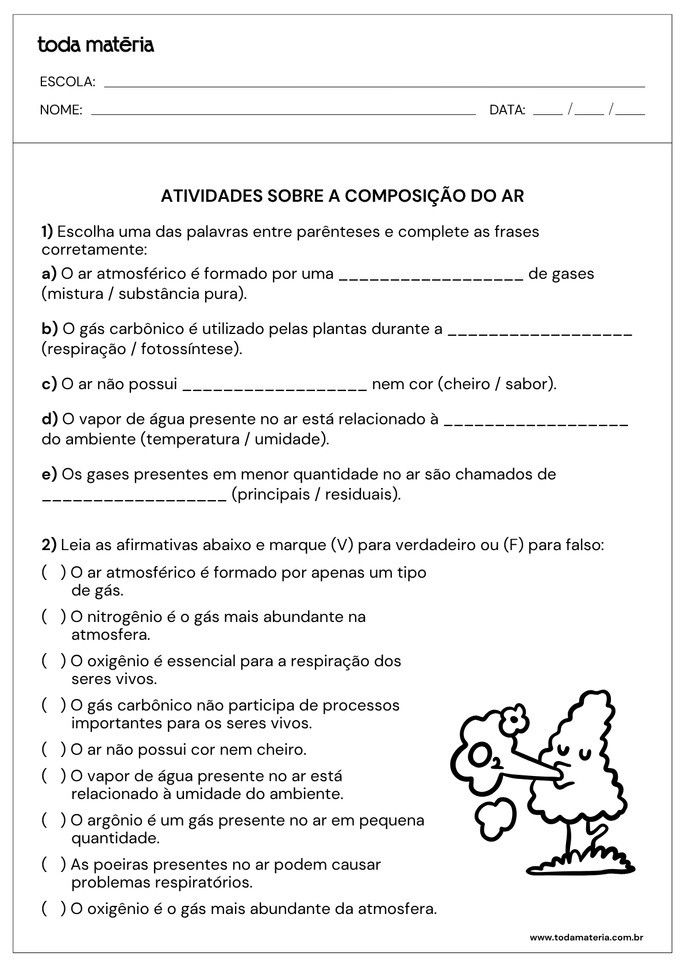 Folha de atividade sobre composi&ccedil;&atilde;o do ar para alunos do 6&ordm; ano