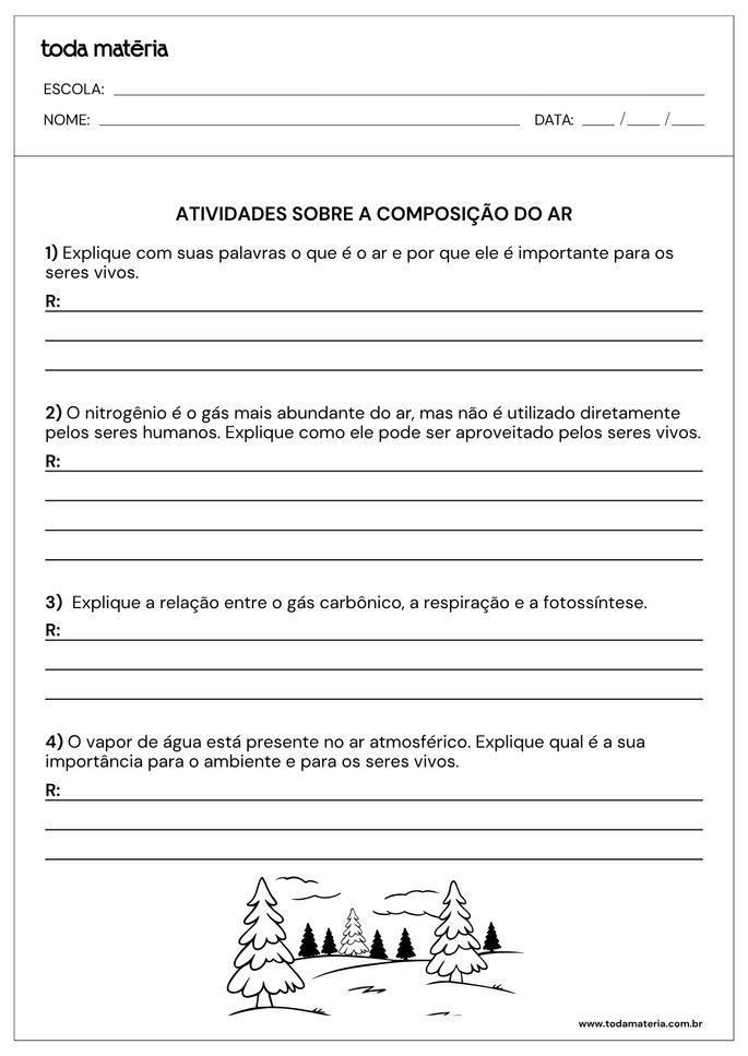 Folha de atividade sobre composi&ccedil;&atilde;o do ar para alunos do 6&ordm; ano
