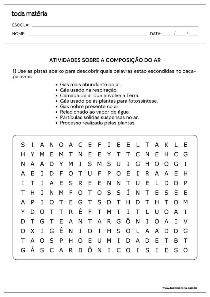 Folha de atividade sobre composi&ccedil;&atilde;o do ar para alunos do 6&ordm; ano