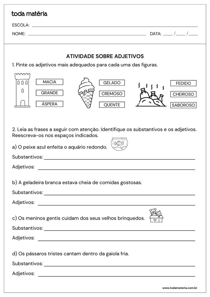 Folha de atividades sobre adjetivo para alunos do quarto ano do ensino fundamental