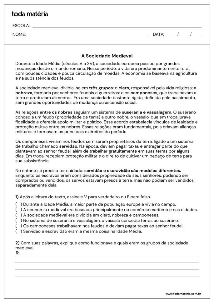 atividade de verdadeiro ou falso e pergunta aberta sobre a idade m&eacute;dia