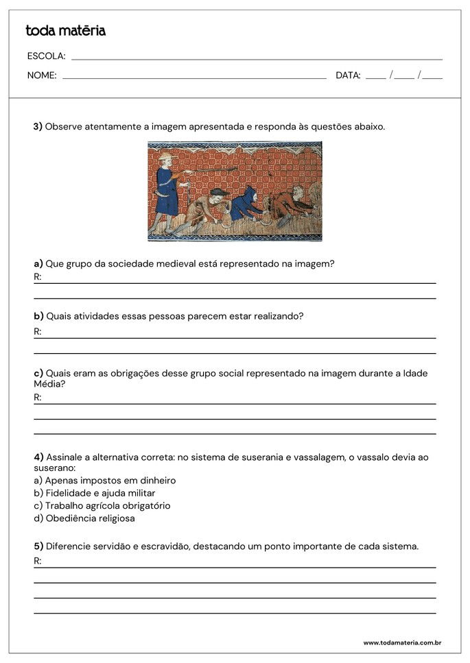 atividade sobre a idade m&eacute;dia com quest&otilde;es abertas e de m&uacute;ltipla escolha