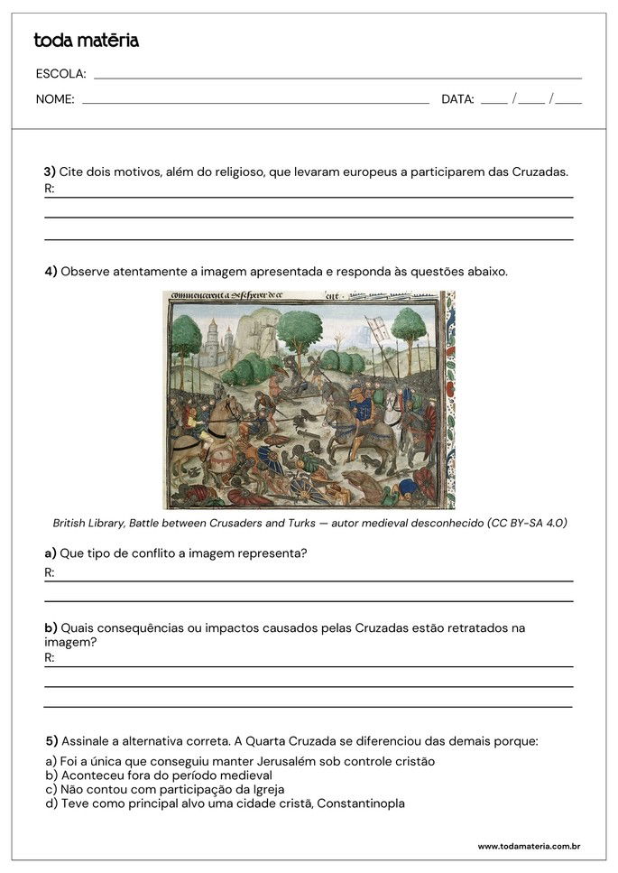 atividade sobre as cruzadas com quest&otilde;es abertas e de m&uacute;ltipla escolha