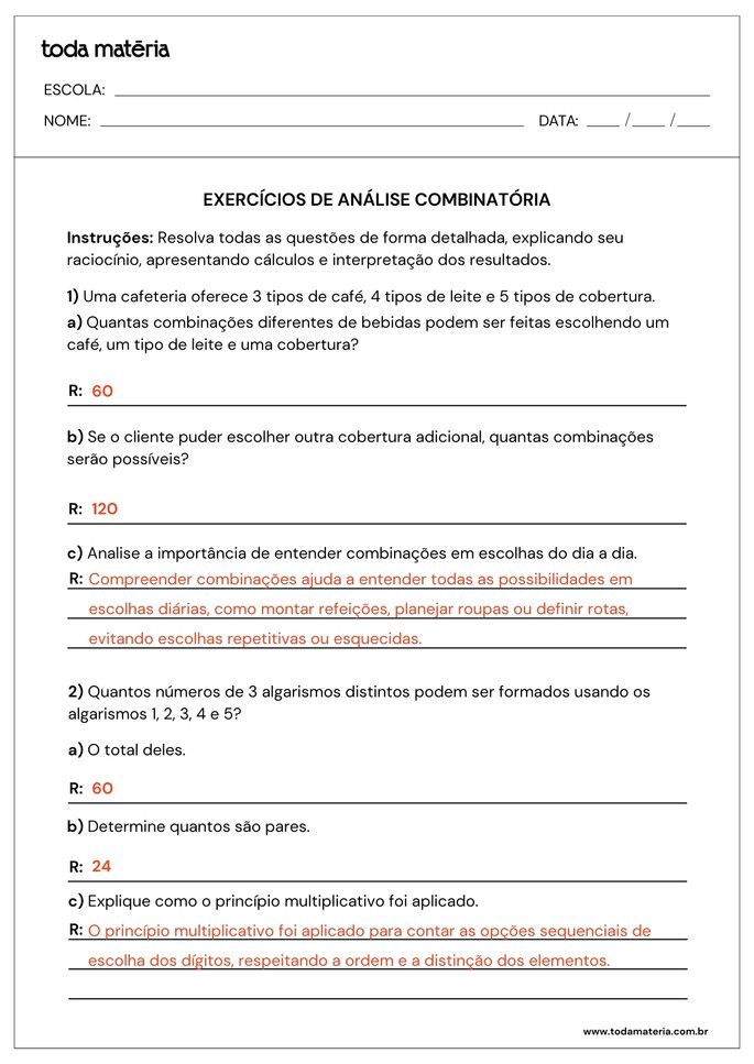 atividades sobre análise combinatória para 2º ano do ensino médio_folha de resposta 1