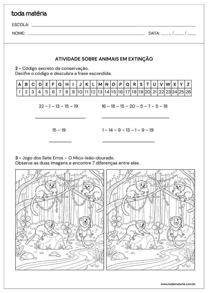 código secreto e jogo dos sete erros sobre animais em extinção para 4º e 5º anos