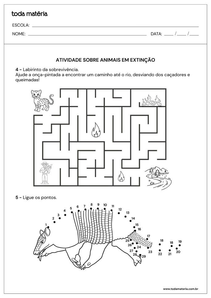 labirinto e liga pontos sobre animais em extinção para 4º e 5º anos
