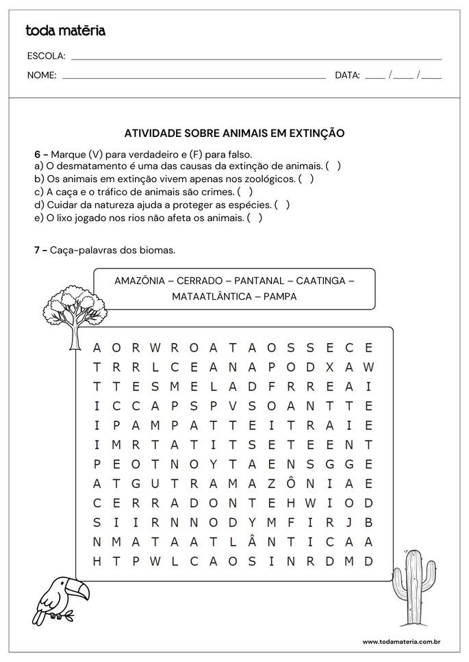 verdadeiro ou falso e caça-palavras sobre animais em extinção para 4º e 5º anos