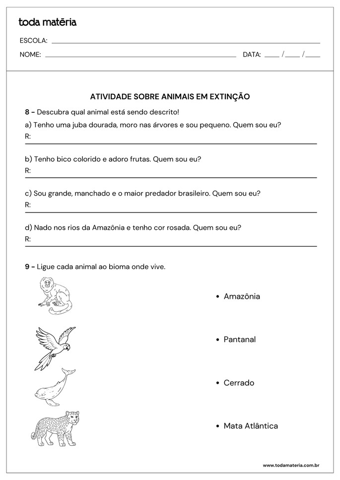 atividades de descubra o enigma e de ligue sobre animais em extinção para 4º e 5º anos