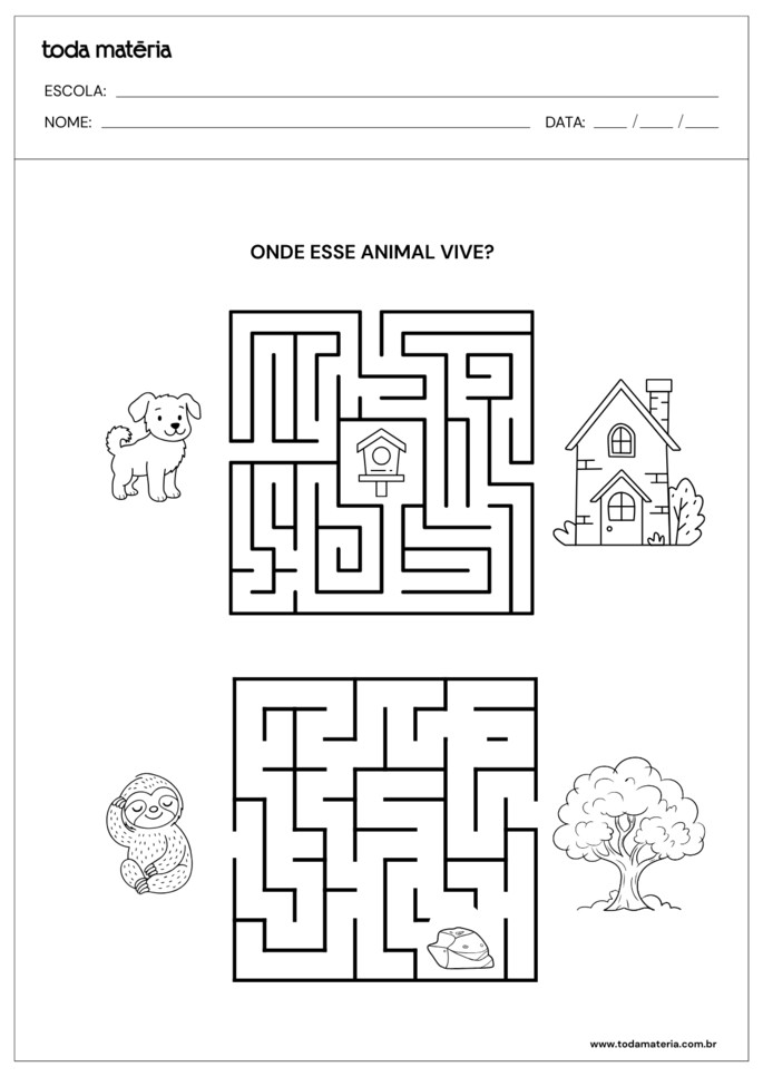 Atividades de labirinto sobre animais dom&eacute;sticos e selvagens para 1&ordm; e 2&ordm; anos