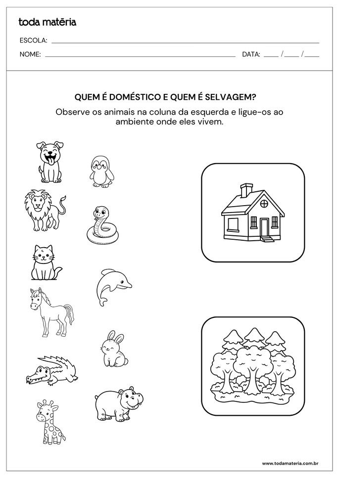 Atividades de ligar sobre animais dom&eacute;sticos e selvagens para 1&ordm; e 2&ordm; anos