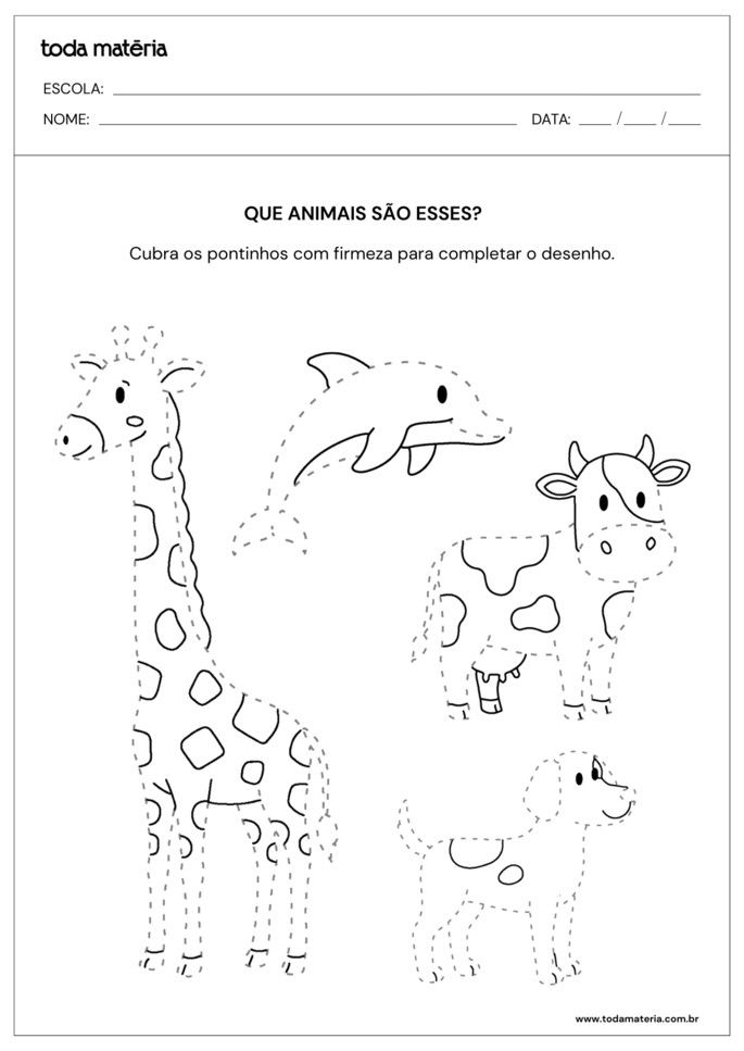 Atividade de cobrir tracejado sobre animais dom&eacute;sticos e selvagens para 1&ordm; e 2&ordm; anos