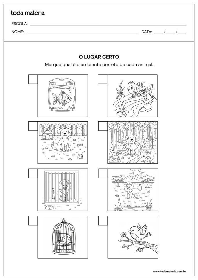 Atividades de identificar ambientes corretos dos animais dom&eacute;sticos e selvagens para 1&ordm; e 2&ordm; anos