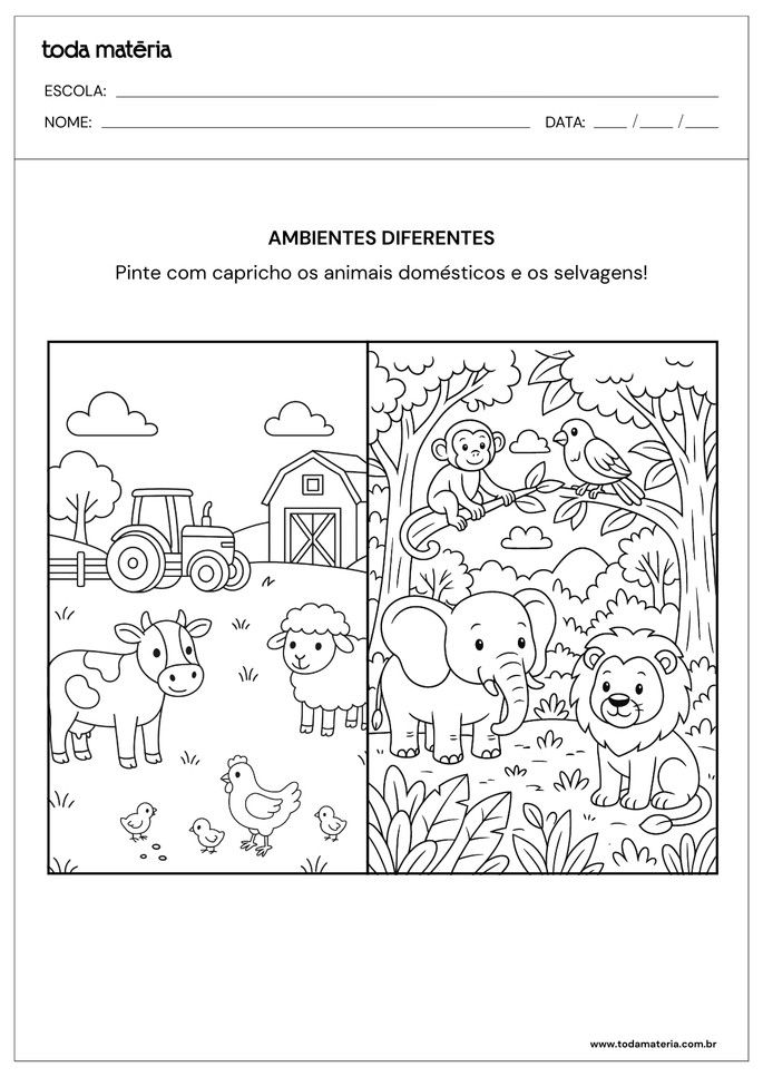 Desenho para pintar sobre animais dom&eacute;sticos e selvagens para 1&ordm; e 2&ordm; anos