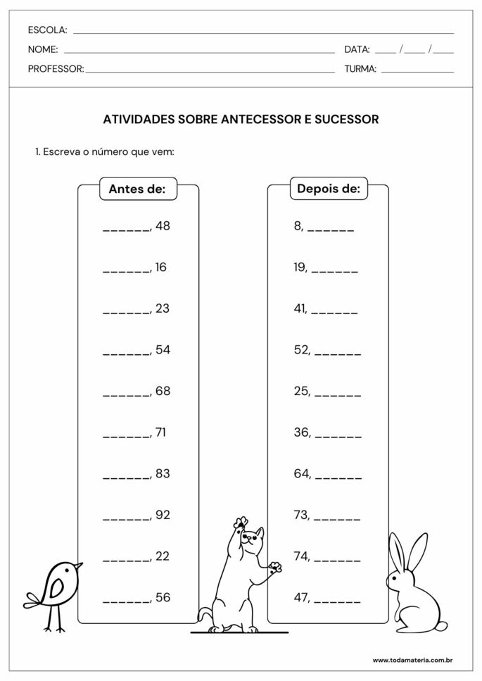 Atividades de antecessor e sucessor.