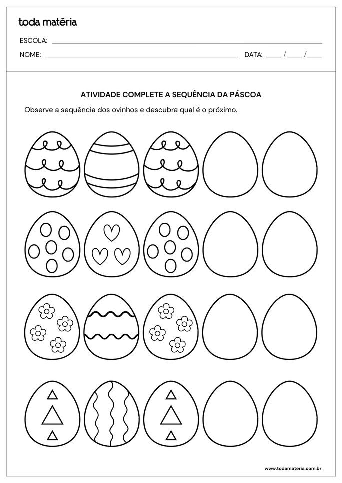 Atividade para educa&ccedil;&atilde;o infantil de completar sequ&ecirc;ncia de ovinhos da P&aacute;scoa