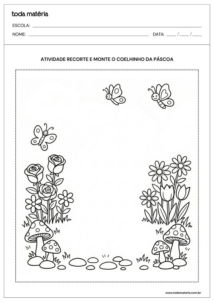 Cen&aacute;rio da atividade de recortar e montar coelhinho da P&aacute;scoa para educa&ccedil;&atilde;o infantil