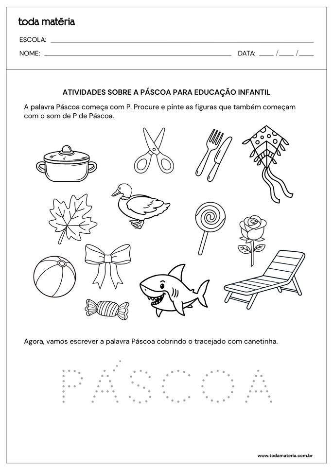 Atividade para educa&ccedil;&atilde;o infantil de identificar palavras com P e escrever a palavra P&aacute;scoa cobrindo tracejado