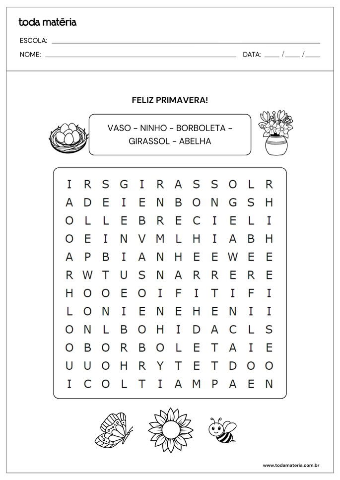 caça-palavras da primavera para educação infantil
