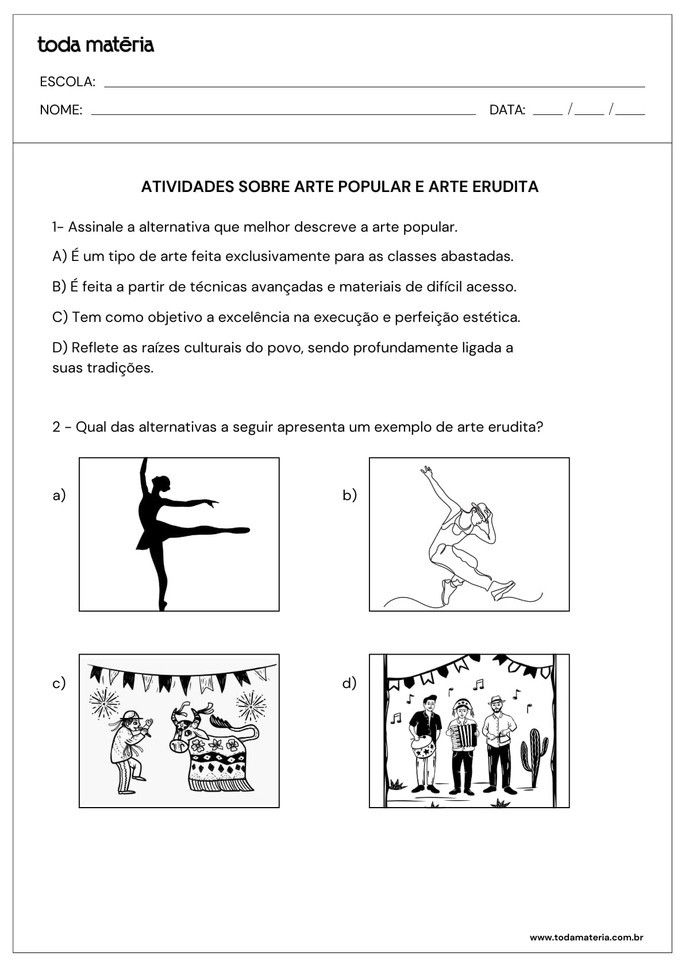 Atividades sobre arte popular e erudita