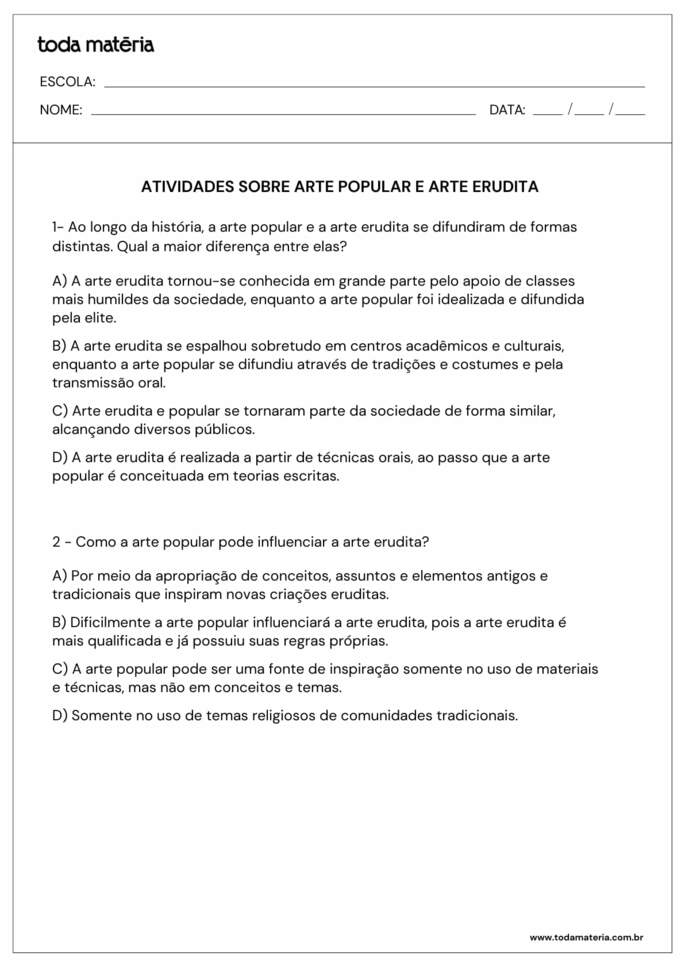 Atividades sobre arte popular e erudita.