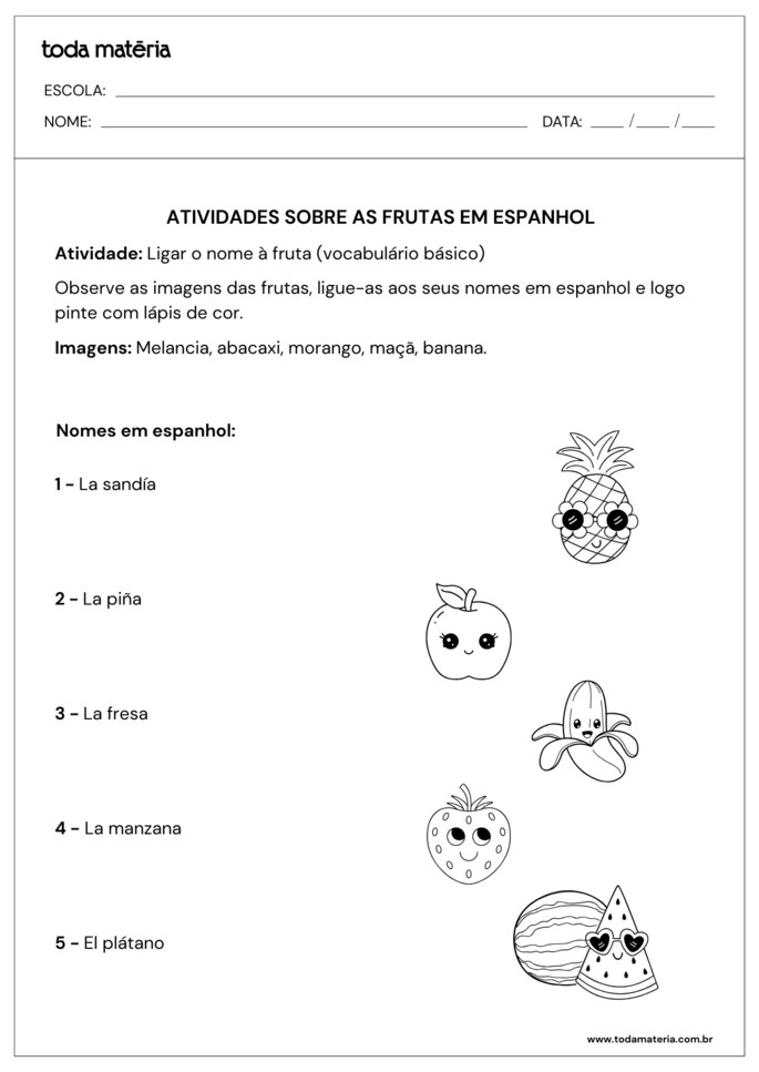 Folha número 1 de atividade sobre frutas em espanhol