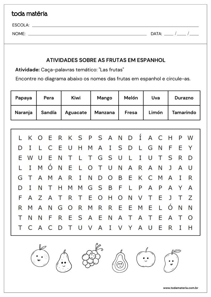 Folha número 2 de atividade sobre frutas em espanhol
