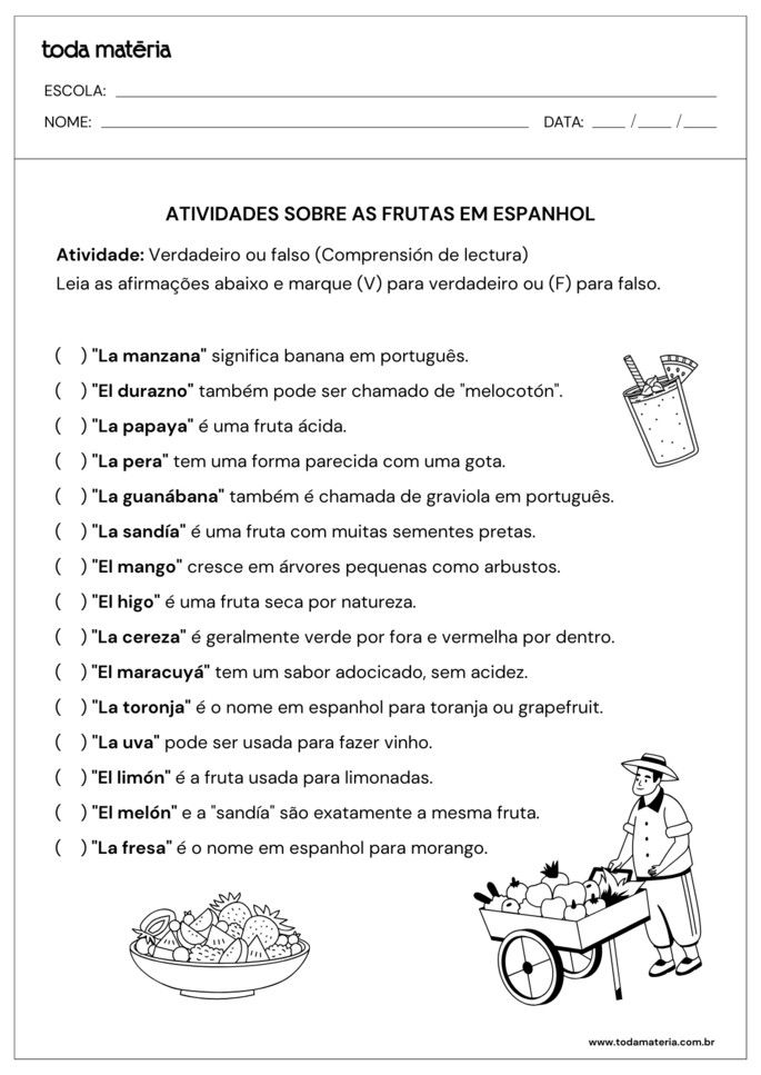 Folha número 4 de atividade sobre frutas em espanhol