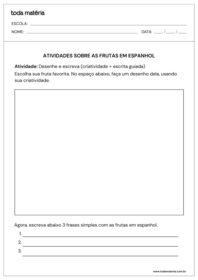 Folha número 5 de atividade sobre frutas em espanhol