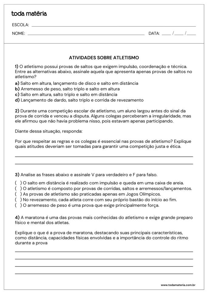 Atividades de m&uacute;ltipla-escolha e verdadeiro ou falso sobre atletismo