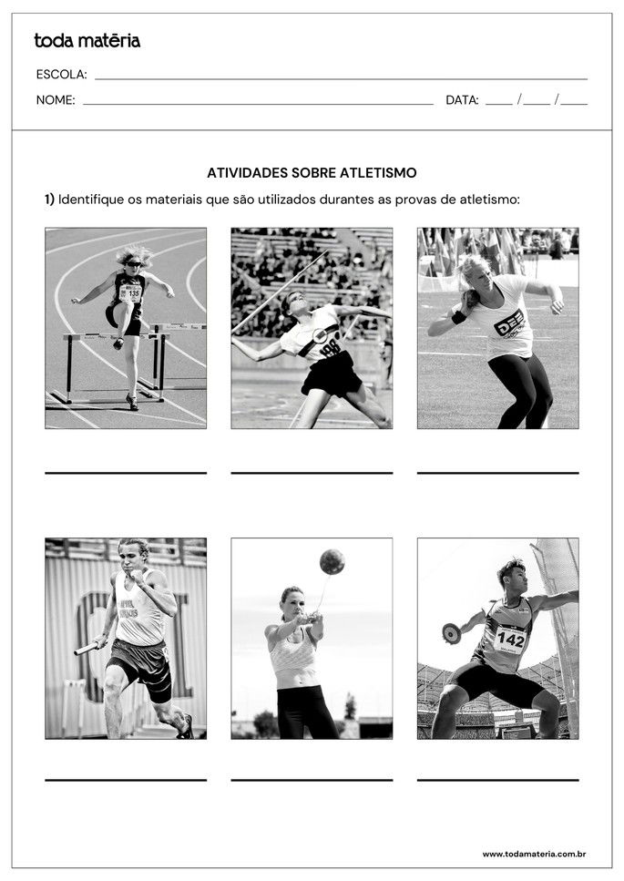 Atividades de identifica&ccedil;&atilde;o de materiais sobre atletismo