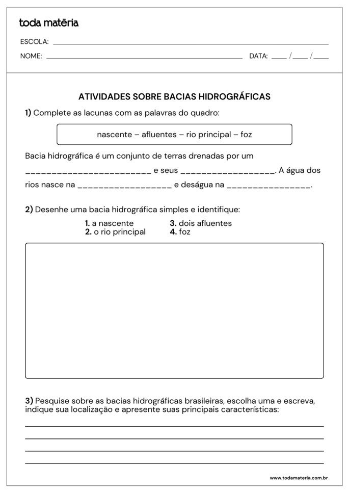 Folha de atividade 1 - Bacias Hidrogr&aacute;ficas