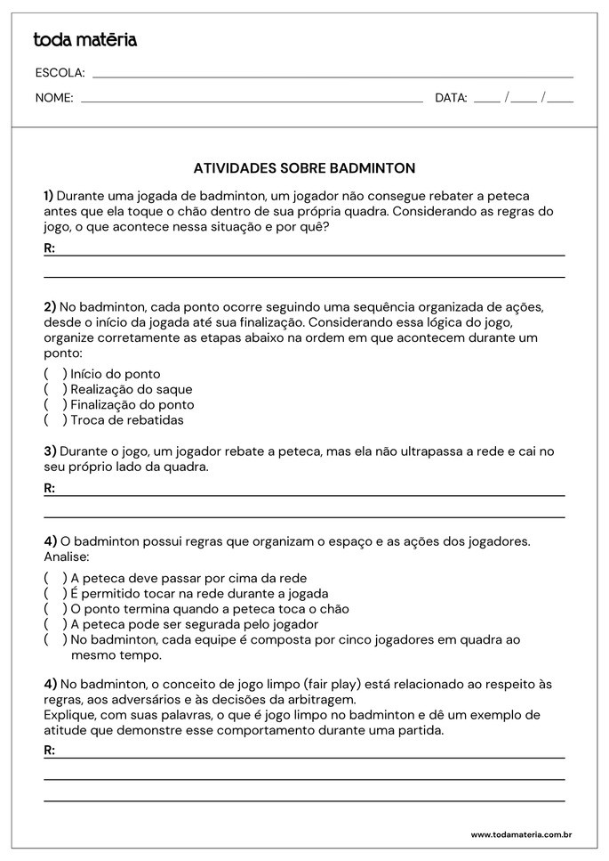 Atividade 5 sobre regras do badminton