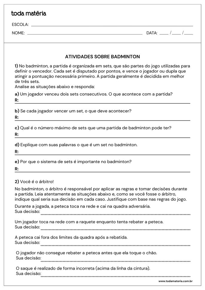 Atividade 6 sobre regras do badminton