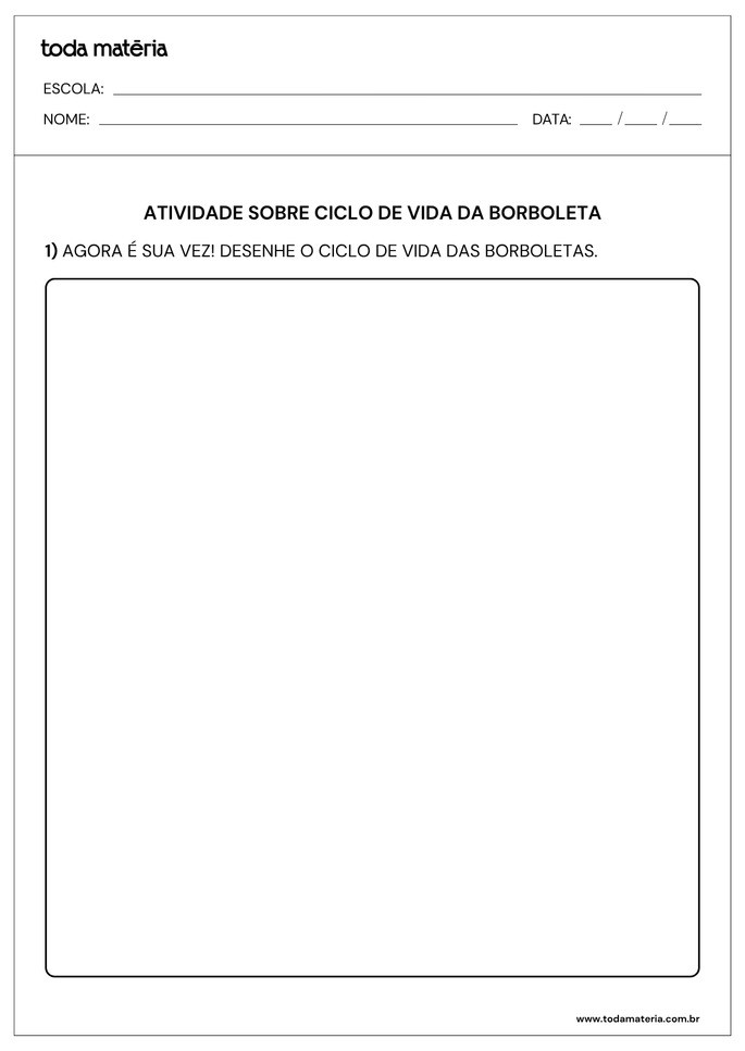 Folha de atividade sobre o Ciclo das Borboletas para Educa&ccedil;&atilde;o Infantil