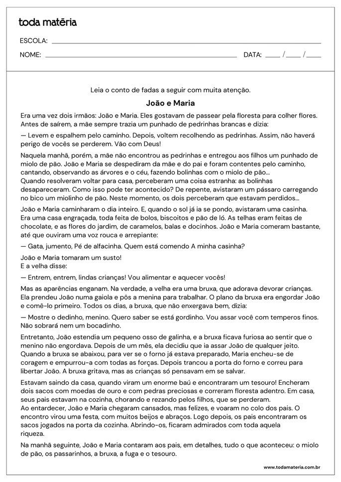Atividades de interpreta&ccedil;&atilde;o de contos para o 5&ordm; ano (para imprimir).