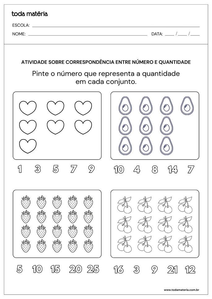 Atividades sobre correspond&ecirc;ncia n&uacute;mero e quantidade