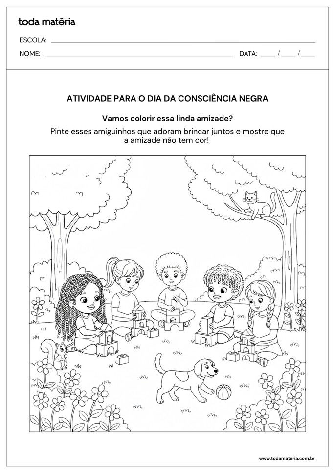 desenho para pintar de crianças com características diversas brincando juntas sobre o dia da consciência negra
