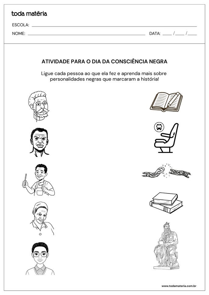 atividade infantil de ligar personalidades ao que elas fizeram para o dia da consciência negra
