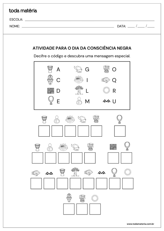 atividade infantil de decifrar código para o dia da consciência negra