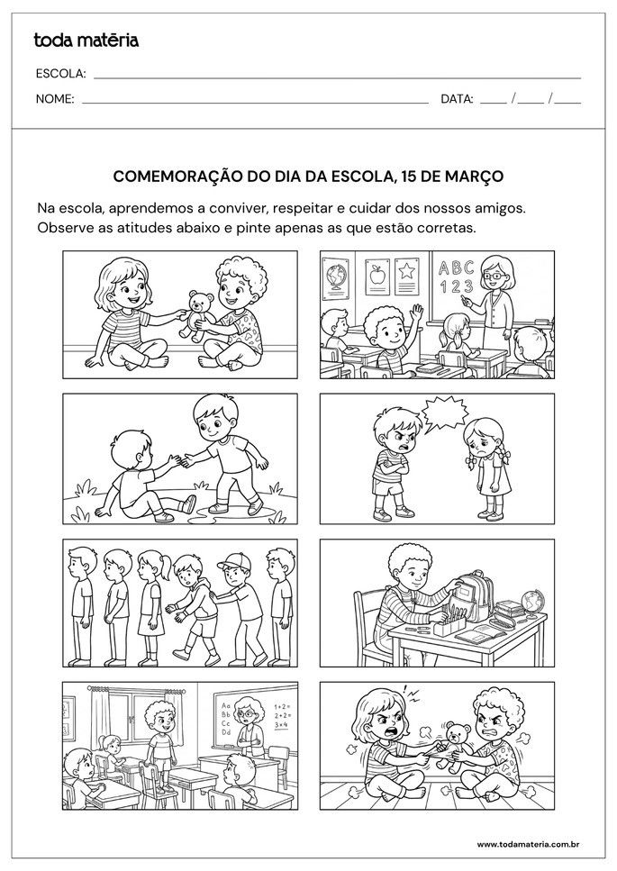 Atividade sobre o Dia da Escola para identificar e pintar atitudes corretas
