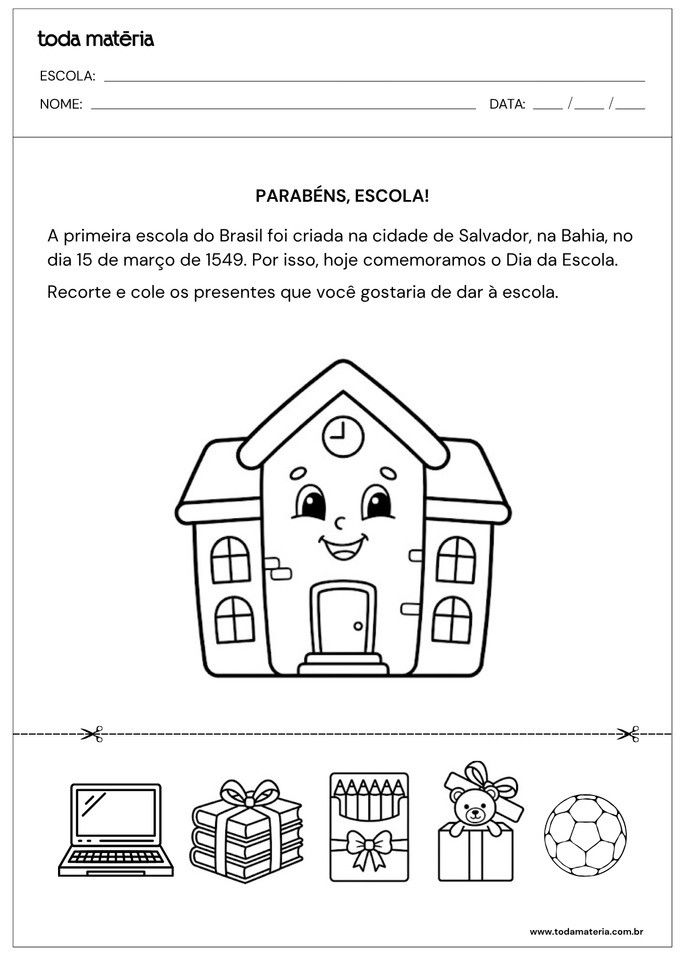 Atividade sobre o Dia da Escola para recortar e pintar