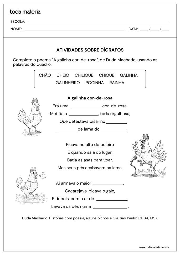 atividade de d&iacute;grafos para completar poema A Galinha Cor-de-rosa