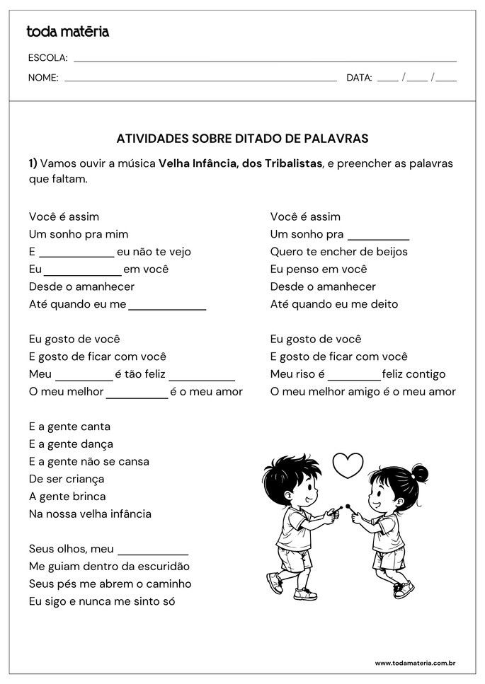 atividade de ditado com preenchimento de palavras de m&uacute;sica